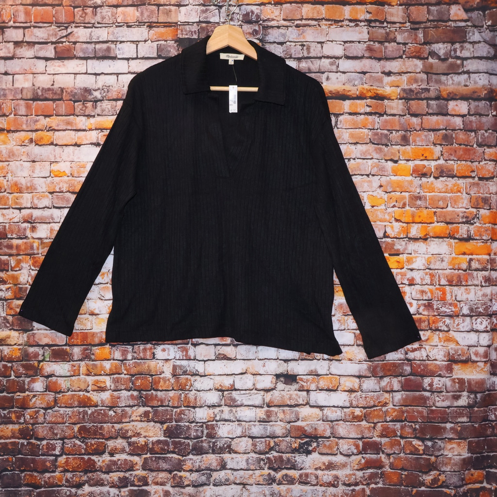 NEW Madewell Polo Deepest Black Sz S Pit to Pit 23/L 24/Slv 21 Drop Shoulde Rib